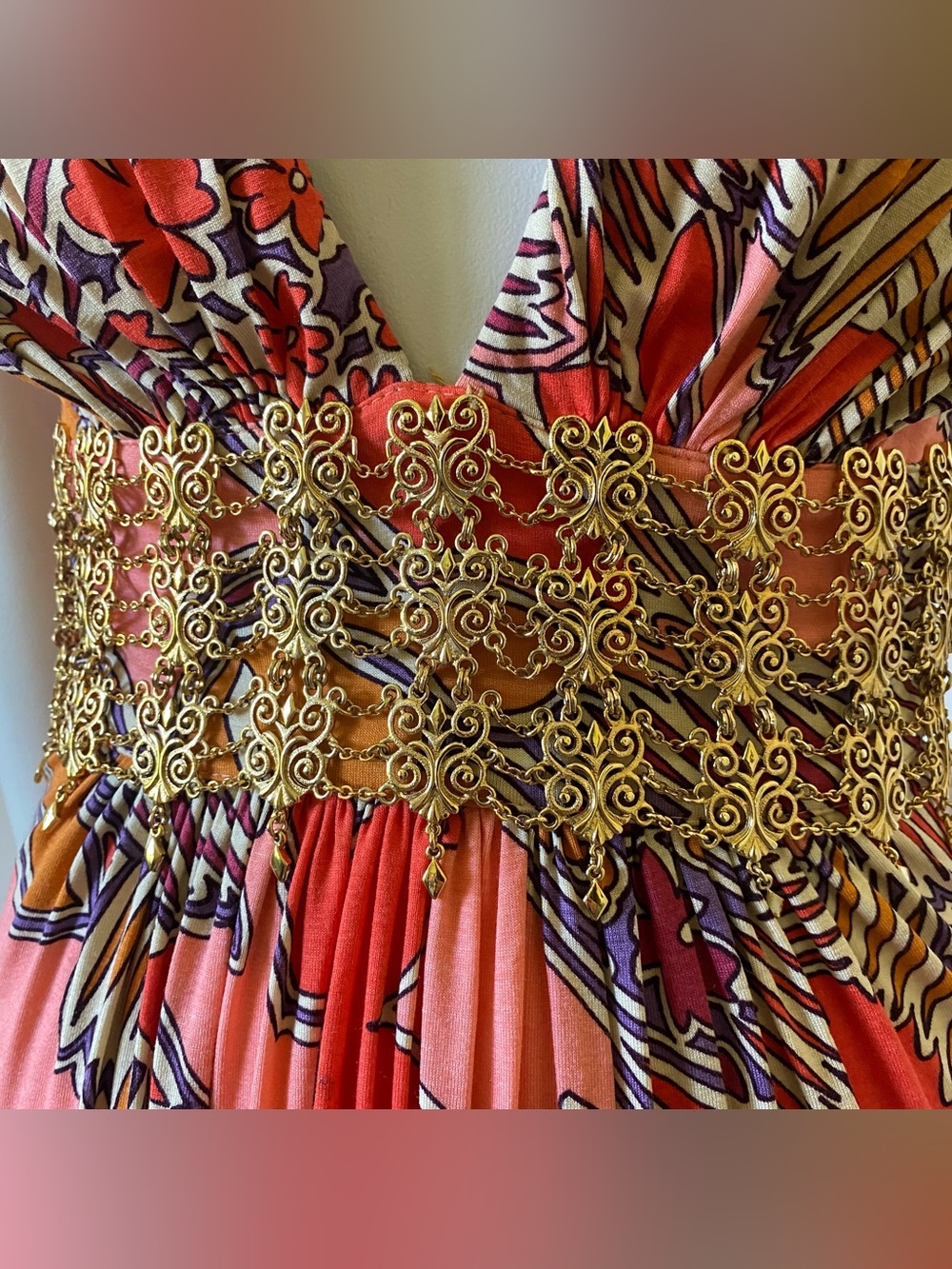 Vintage Y2K Sky Brand orange print short sleeve mini dress gold metal detail M - Picture 3 of 8